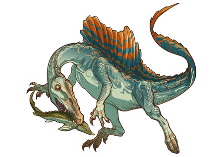 Spinosaurus hunting on fish. Colored linear hand drawing isolated on a white background. Paleoart illustration. EPS10 Vector illustrationのイラスト素材