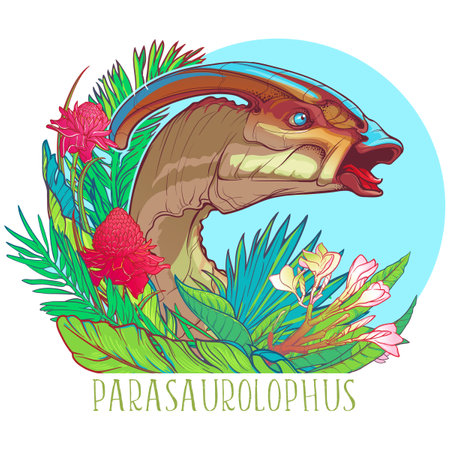 Parasaurolophus head, surrounded by the lush tropical plants and flowers. Dinosaurus is trumpeting. Linear drawing vividly colored and isolated on a white. Paleoart vector illustration.のイラスト素材
