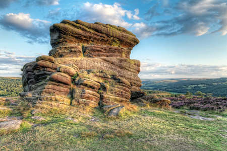 Sunset at Moorland, Mother Cap rock, Peak Districtの写真素材