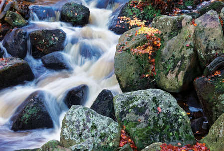 Autumn waterfall closeup with rocks and red and yellow leavesの写真素材