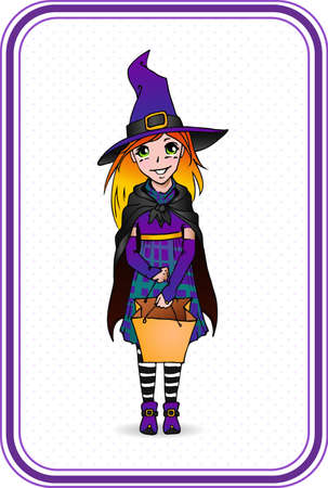 Halloween witch standing in rounded card with violet strokesのイラスト素材