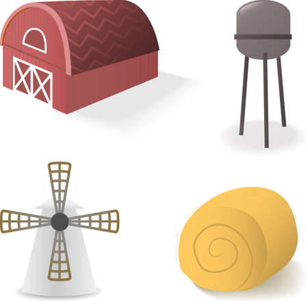 rural objects on white like farmhouse, mill and straw balesのイラスト素材