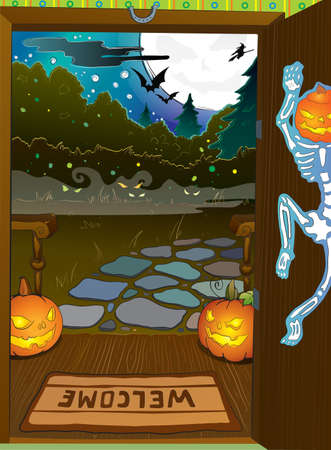 Halloween night background with pumpkins on porch and witch silhouetteのイラスト素材