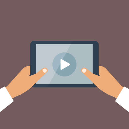 Human hand holds tablet pc with opened media player. Vector backgroundのイラスト素材