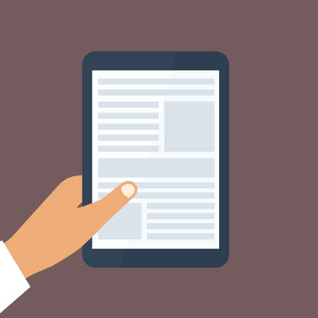 Human hand holds tablet pc with opened site page. Vector backgroundのイラスト素材