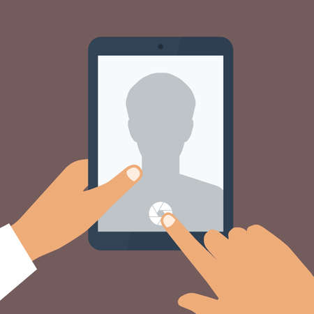 Human hand holds tablet pc with opened camera app. Vector backgroundのイラスト素材