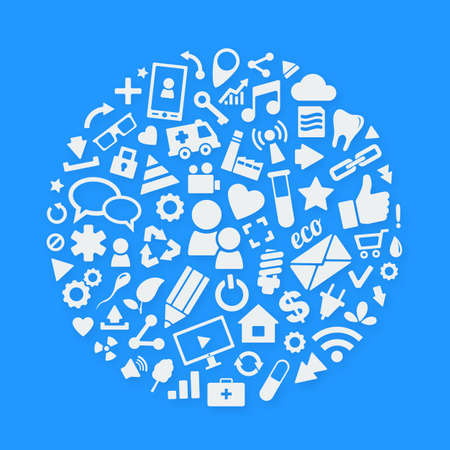 White vector icons arranged inside circle. Background of the icons on blueのイラスト素材