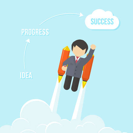 Businessman Flying On the Rocket To Success  Flat style vector infographic illustrationのイラスト素材
