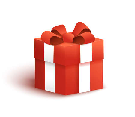 Red gift box with bow and ribbon isolated on white background. Vector illustration.のイラスト素材