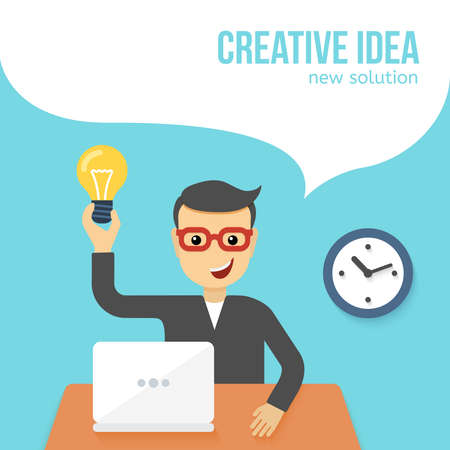 Young man sitting in front of a laptop found a solution. Vector background with office worker talking his creative idea in speech bubble. Flat illustrationのイラスト素材