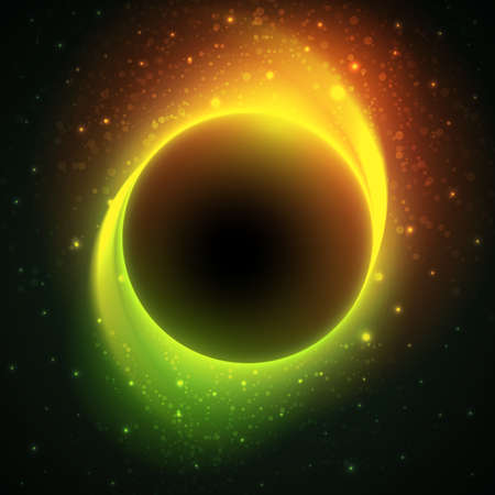 Beautiful eclipse in a distant galaxy. Starry sky with dark planet at the center. Vector cosmic background green and orange colored.のイラスト素材