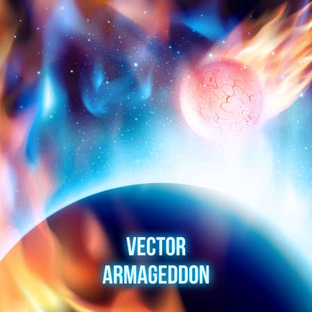 View from space at meteor on his way to planet before collision. Fiery comet in atmosphere. Vector illustration. Abstract background. Scenic view of armageddon or apocalypseのイラスト素材