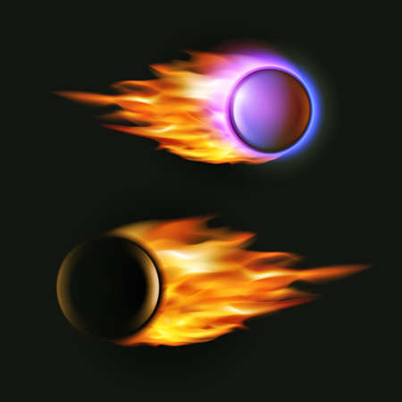 Vector fireball on black background. Falling asteroid. Collection of fire balls. Flying artillery projectile in flamesのイラスト素材