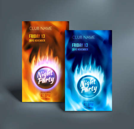 Night club colorful flyer templates. Night party poster. Abstract red and blue burning fire flames. Fire ball on blazing background. Vector illustrationのイラスト素材
