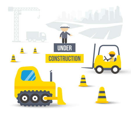 Construction site with crane, truck, loader, buldozer and workers. Skyscraper silhouettes on background. Flat style or material design vector illustration.のイラスト素材