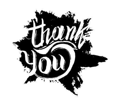 Thank you ink hand drawn lettering. Vector background with message on black paint blot. Template for greeting card. Abstract watercolor splash. Typography, calligraphy or hand lettering inscription.のイラスト素材