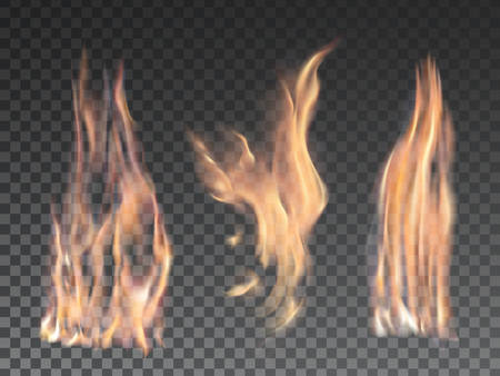 Set of realistic fire flames on transparent background. Special effects. Vector illustration. Translucent elements. Transparency grid.のイラスト素材