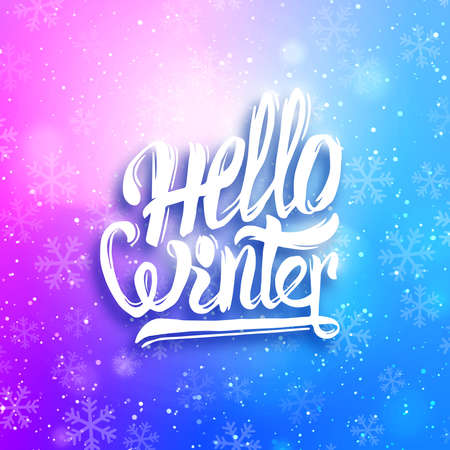 Blurred winter background with bokeh and typographic label. Hello winter greeting card. Vector illustration. Abstract background. Hand lettering Hello winterのイラスト素材