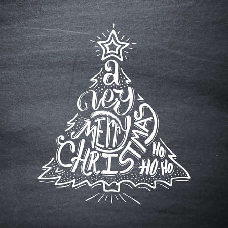 Very Merry Christmas typographic label. Background with hand lettering for christmas on black chalkboard. Doodle christmas tree. Merry Christmas greeting card. Vector illustration.のイラスト素材