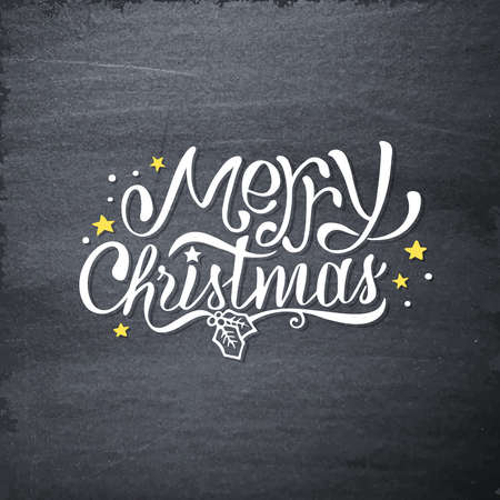 Background with hand lettering greetings for Christmas on black chalkboard. Merry Christmas typographic label and golden stars. Vector illustration. Vector Merry Christmas card template.のイラスト素材