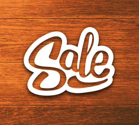 Vintage Sale banner with hand-drawn typography sticker on wood background. Hand lettering, typography or calligraphy Sale inscription. Vector illustration. Sale background. Retail promotion bannerのイラスト素材