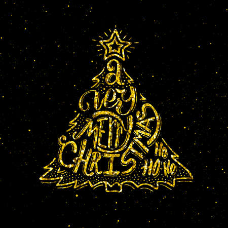 Merry Christmas gold glittering hand lettering design template. Golden text with Christmas greetings on black background. Vector illustration. Winter holidays greeting card with typographyのイラスト素材