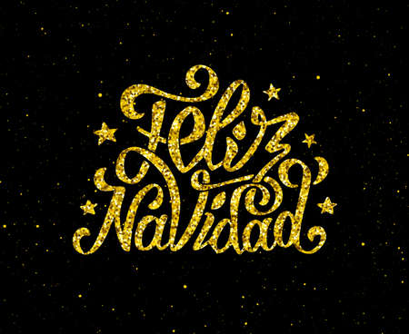 Feliz Navidad gold glittering hand lettering design template. Golden text with spanish Christmas greetings on black background. Vector illustration. Winter holidays greeting card with typographyのイラスト素材