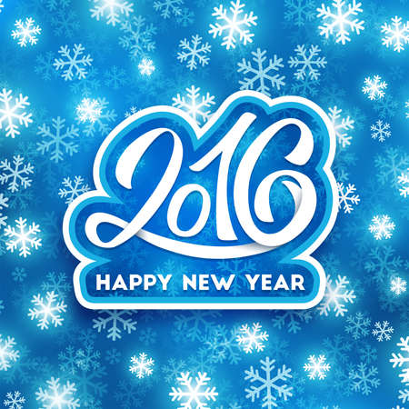 Happy New Year 2016 greeting card design. Blue blurred background with snowflakes and white hand lettering inscription 2016 from paper. Vector festive background. Winter background with typographyのイラスト素材