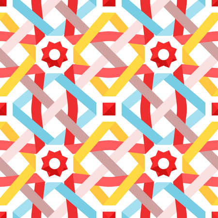 Chic vector seamless pattern with flat ribbons. Geometric background with interwoven pastel colored strips. Vector illustration. Blue, red and yellow crossed tape. Colorful modern seamless backgroundのイラスト素材