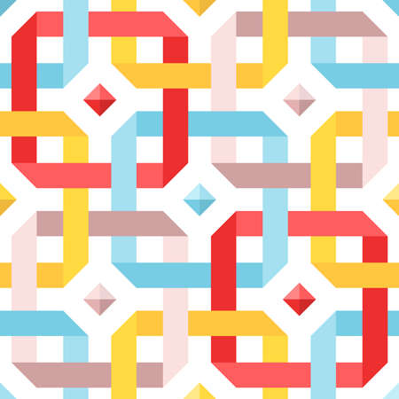 Chic seamless pattern with flat ribbons and diamonds. Geometric background with interwoven pastel colored strips. Vector illustration. Blue, pink and yellow crossed tape. Colorful modern backgroundのイラスト素材