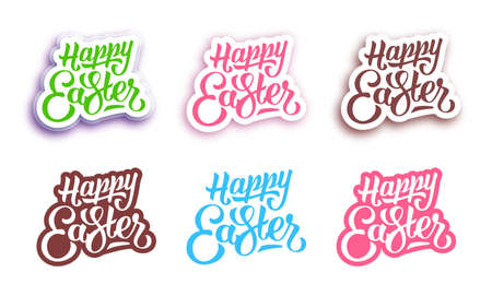 Happy Easter hand lettering paper labels set for greeting cards.  Happy easter paper stickers design with text isolated on white background. Happy Easter typographic background. Vector illustrationのイラスト素材