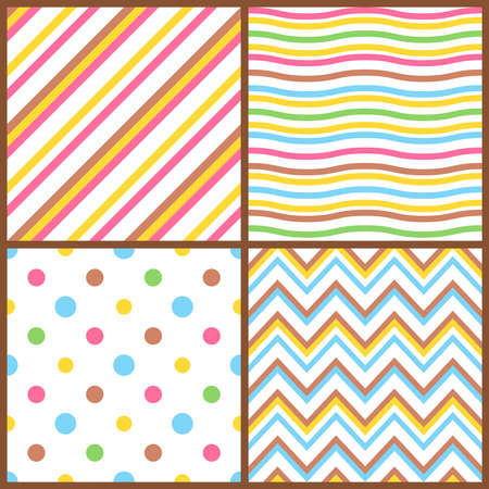 Set of seamless colorful patterns for easter eggs. Seamless patterns with polka dots, lines and chevron. Cute seamless background for easter and baby shower greeting cards. Vector illustration.のイラスト素材