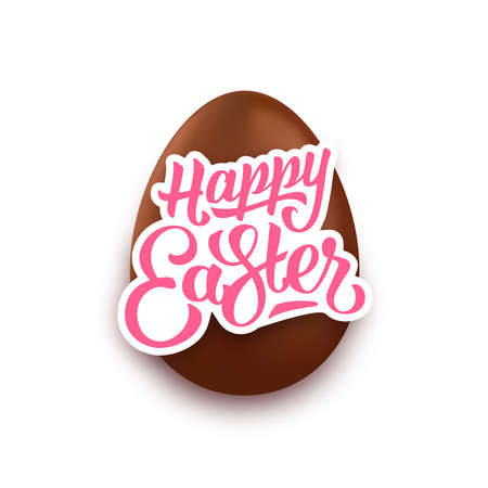 Happy Easter lettering and realistic chocolate egg. Happy easter paper label design with text isolated on white background. Happy Easter typographic greeting card. Vector illustrationのイラスト素材