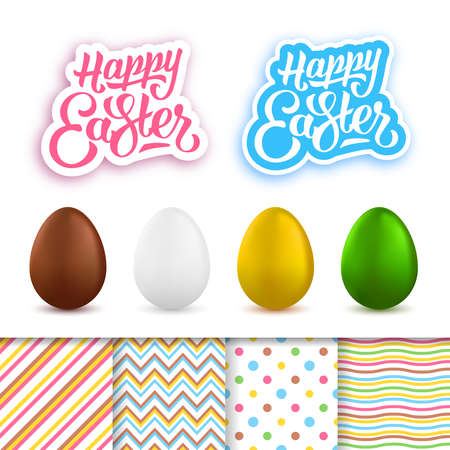 Happy Easter greeting cards creation kit. Happy Easter lettering, cute seamless patterns and realistic colored eggs set isolated on white background. Vector illustrationのイラスト素材