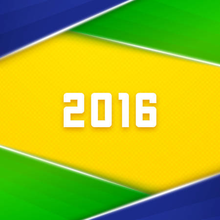 Geometric background with Brazil flag colors and 2016 text. Abstract polygonal pattern in green, yellow and blue colours. Vector illustrationのイラスト素材