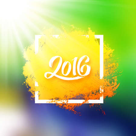 Blurred background with Brazil flag colors and 2016 text lettering in frame. Abstract blurry pattern in green, yellow, blue colours. Summer background with bright sun rays effect. Vector illustrationのイラスト素材