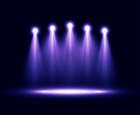 Five realistic spotlights lighting. Abstract background with glowing light effects. Bright projectors lighting. Vector illustrationのイラスト素材
