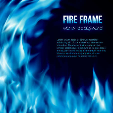 Abstract background with blue color burning fire flames frame and blank space for text. Fiery banner design templateのイラスト素材