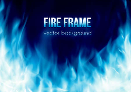Abstract background with blue color burning fire flames frame and blank space for text. Fiery banner design templateのイラスト素材