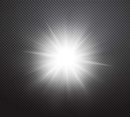 Realistic sun with beams or lens flare isolated on checkered background. Special vector light effect with transparencyのイラスト素材
