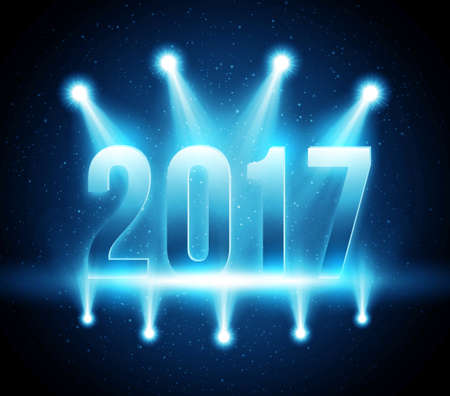 New Year 2017 festive party vector background with bright illuminated stage and bokeh lights. Magic glowing greeting card for winter holidaysのイラスト素材