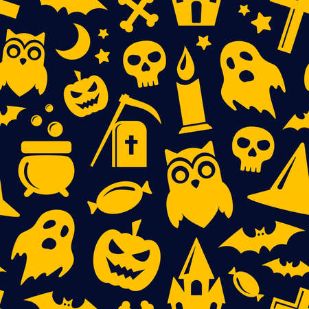 Halloween seamless pattern in black and orange colors. Vector background with scary pumpkin, bats, ghost and skull icons.のイラスト素材