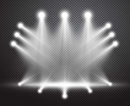 Realistic stage lighting vector background. Group of bright projectors isolated on checkered backdrop. Special light effect with transparencyのイラスト素材