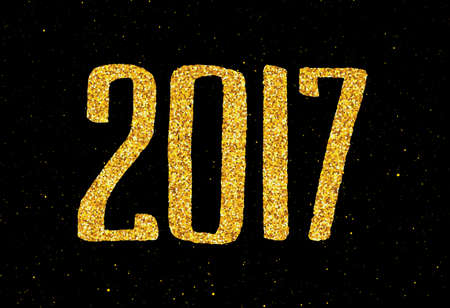 New Year of the Rooster greeting card design template with gold glittering texture on hand lettering text 2017 isolated on black background. Vector illustration for winter holidays with typographyのイラスト素材
