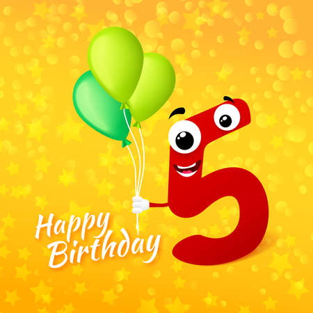 Fifth birthday festive greeting card. Cartoon illustration for 5 years anniversary with number five character and text Happy Birthday. Vector illustrationのイラスト素材
