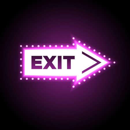 Illuminated arrow shaped 3D exit sign. Escape neon symbol isolated on black background for casino...