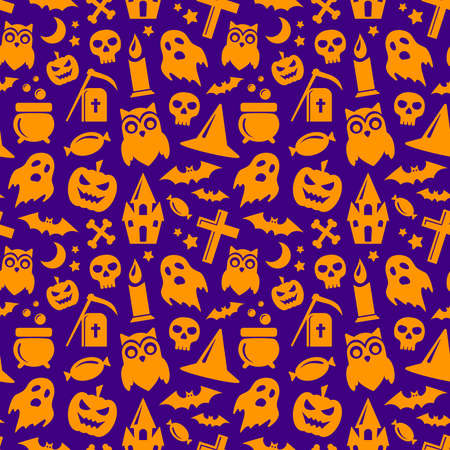 Halloween seamless pattern in orange and violet colors.  spooky background with pumpkin, bats, ghost and skull holiday symbols.のイラスト素材