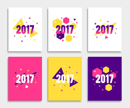 New Year 2017 banner or flyer layout set in A4 size. Abstract geometric vector backgrounds collection. Illustrations for magazine cover or website banner design.のイラスト素材