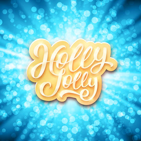Holly Jolly Merry Christmas greeting card. Typography label on blue festive background with bright sparkles. Vector illustration for Xmas with greetings text.のイラスト素材