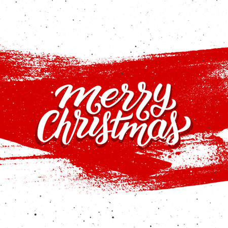Merry Christmas calligraphic text on red paint splash background. Vector illustration for Xmas with season greetings.のイラスト素材